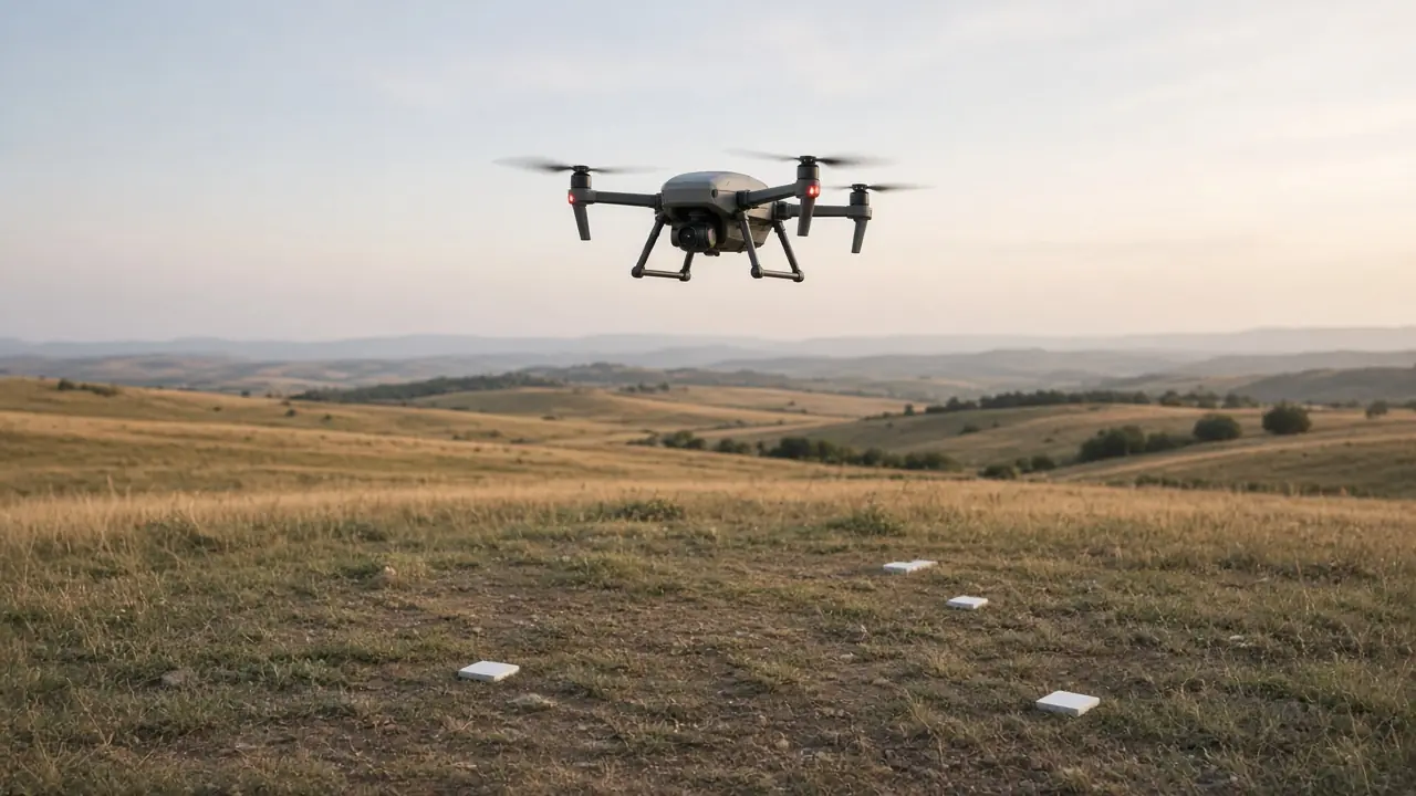 Yer işaretleri bulunan arazide haritalama yapan drone