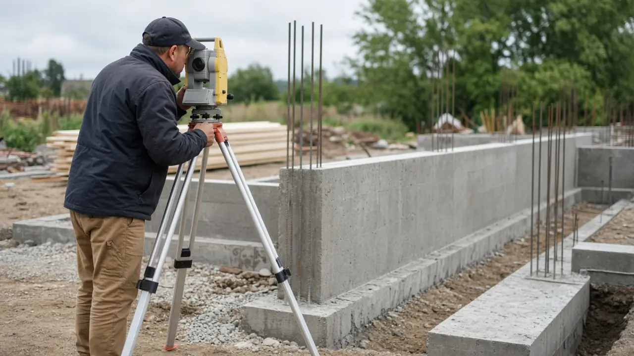 Temel imalatı yanında total station kuran şantiye ölçme ekibi